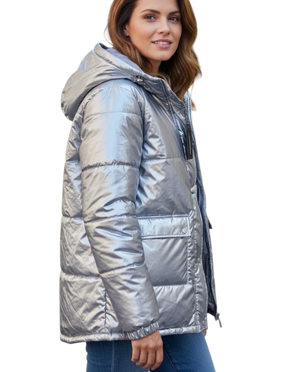 PRETTY LITTLE THING Women's 10 Jacket Puffer Coat Silver Metallic Full Zip Hood